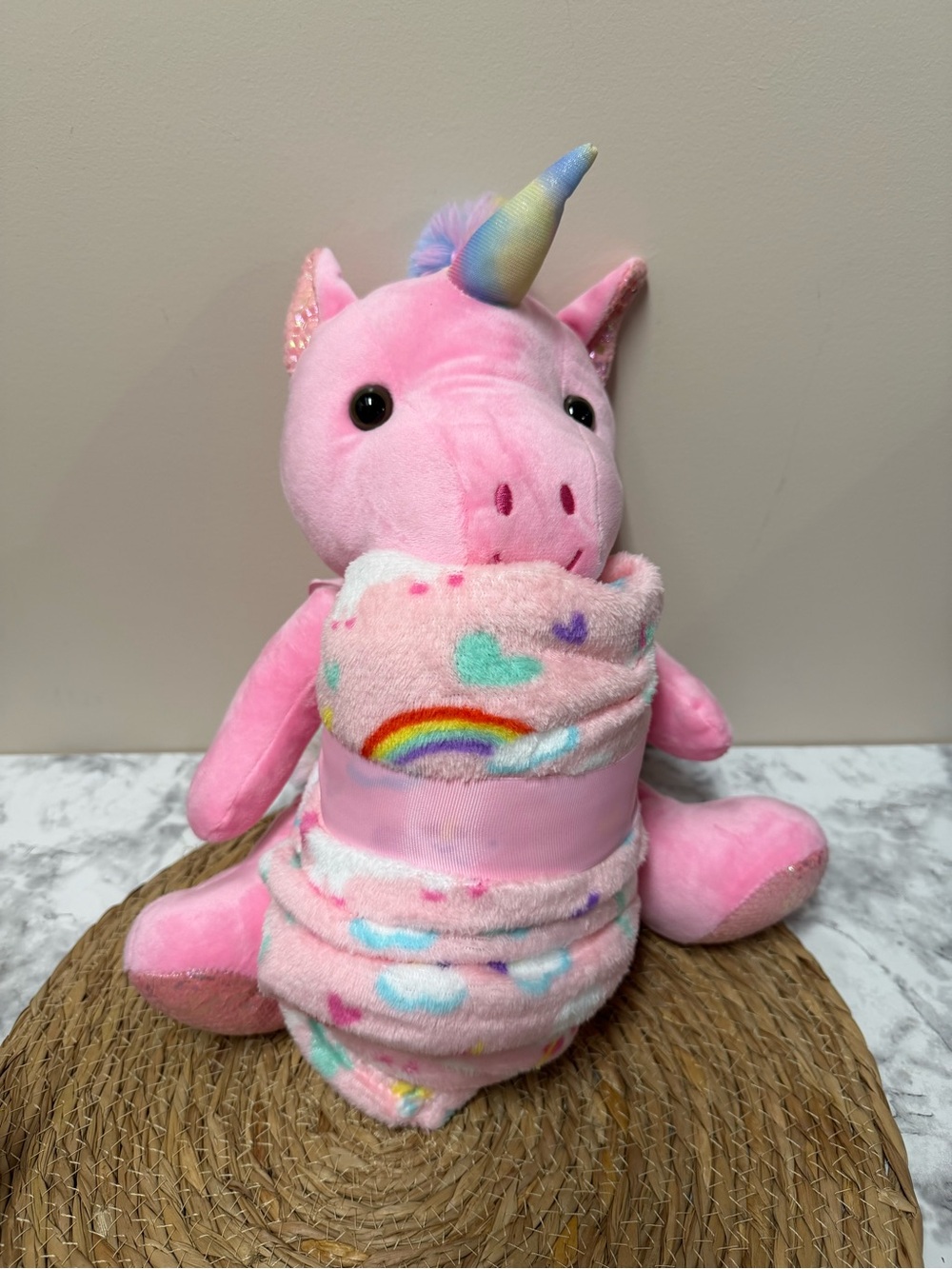 Pink Plush Unicorn with Rainbow Blanket